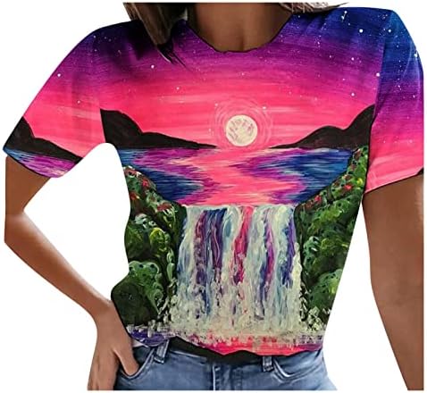 Неонски летни кошули за жени со кратки ракави екипаж Туника врвови естетско зајдисонце графичко маичка маица фустана случајна блуза