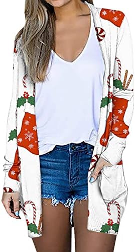 Женски Божиќни кардигани со долг ракав отворен предниот дел од кардиган џемпери надворешна облека со лесни врвови на палто со џебови