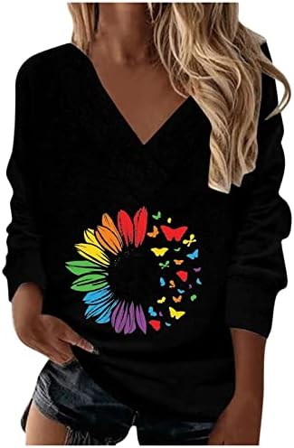 Nokmopo исечени џемпери за жени модни печатени V-врат со долги ракави, врвен блуза графички џемпер