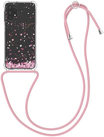 Cwmobile Crossbody Case компатибилен со Samsung Galaxy A32 5G каиш - цреша цвеќиња розови/темно кафеави/транспарентни