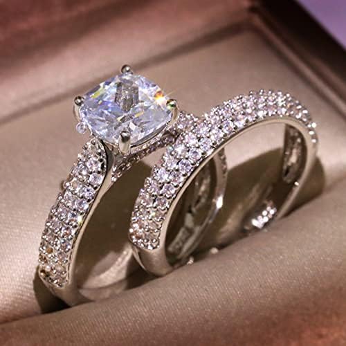 Packенски прстени пакувања 2 парчиња поставени сјајни прстени за ангажман на кристали со двојни цирконски венчални прстени за жени жени