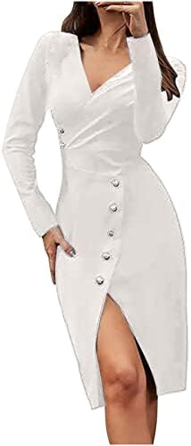 Обични деловни фустани за жени со долги ракави работни фустани длабоко v копчиња за вратот странични пресеци со висок половината миди формален фустан