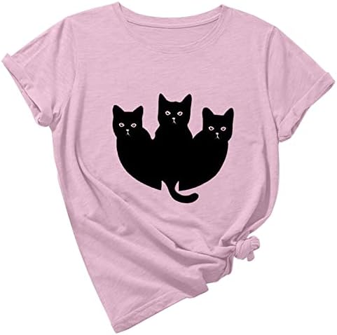 Женски мачки печати лабави вклопувачки врвови на екипаж блузи маички кратки ракави слатки животни есен летни врвови 2023 облека SL
