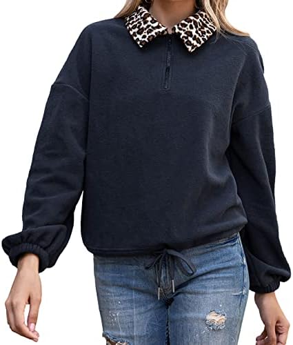Sunaei Fleece Sweatshirts For Women Plus Plus Size Quarter Pullover врвови на леопард печати лапел преголема лабава лабава палто за 1/4