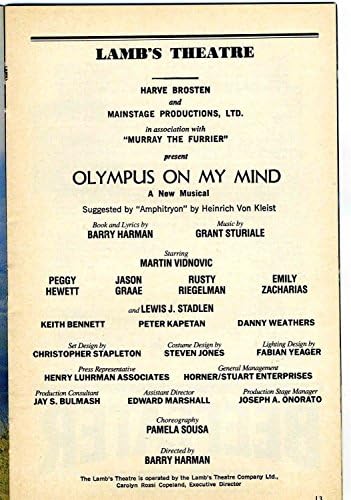 Playbill Olympus on My Mind 1986 Martin Vidnovic Peggy Hewett Lewis Stadlen