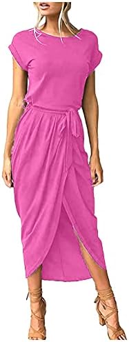 Nokmopo женски фустани обична цврста боја со долга ракава лента тенок неправилен фустан