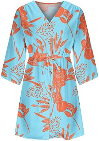 Womenенски летен мода 2023 година, женски летен 3/4 ракав V врат празничен фустан Бохо Печати за печатење Сонцето плажа фустан