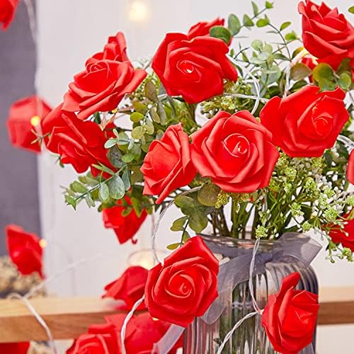 LED црвена роза цветна жица светла 9,8ft 20 LED симулација на роза од роза од роза од пена за свадба на мајката, свадба, Валентин, роденден, Божиќна