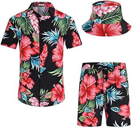 Копче за цвеќиња на мажите Ајшопеер надолу на Хавајските поставува обични кошула со краток ракав и костуми за шорцеви