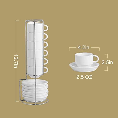 Sweejar Porcelain Espresso Cup & Setuer Set, Stackable Demitasse чаши со метален штанд, 2,5 мл за лате, кафе, кафе мока, чај,