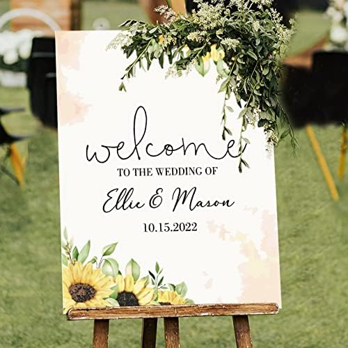 Добредојдовте на нашето почетно персонализирано име Вуд свадба добредојде знаци розово бело назад со сончоглед добредојде свадба