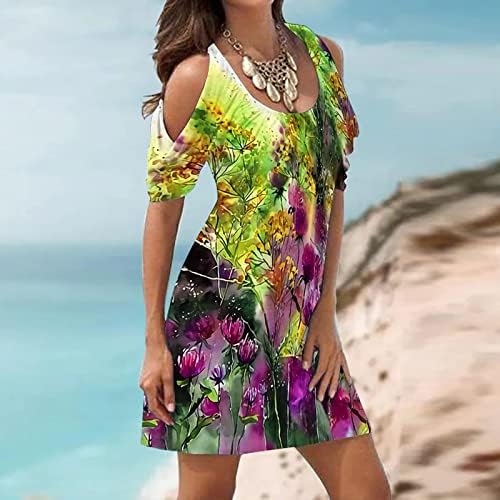 Флорална макси фустан, летен фустан за жени гроздобер ладно рамо Бохо Сонце облечен случај со кратки ракави мини плажа фустани
