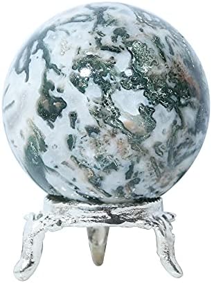 Crocon 45mm Мос агат камена сфера топка со метален штанд 1400+ карати скапоцени камења за лекување на топката сфера скулптура фигура за фенгшуи дивинација дома декорација