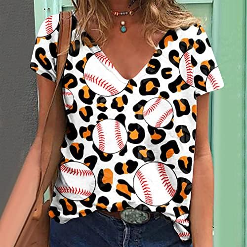 Mirsенски маички за бејзбол печатење на V-вратот лабава обична кратка ракав врвна маица блуза Симпатични врвови за дами 2023 летен трендовски