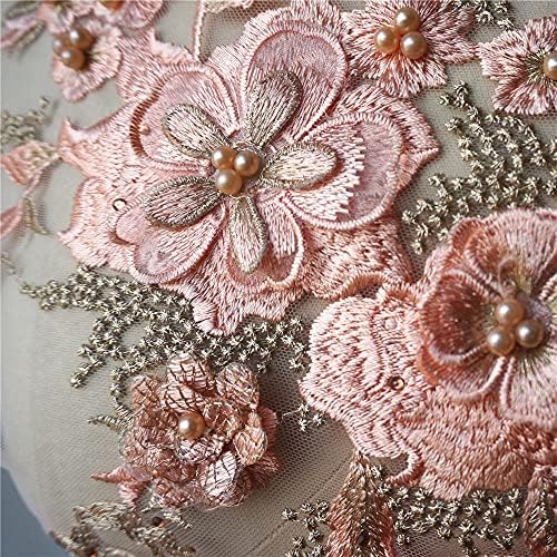 Skreojf Шампањ со розова чипка ткаенина 3Д цвеќиња мониста Rhinestones Везени везени наметка за венчавки Апликации Декорација шива лепенка