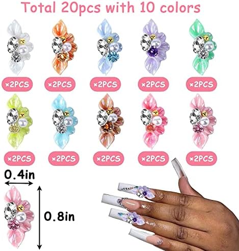 20 парчиња привлечност на ноктите за акрилни нокти, 3Д цветните шарми за камења за нокти, сјајни кристални нокти дијаманти ГЕМС