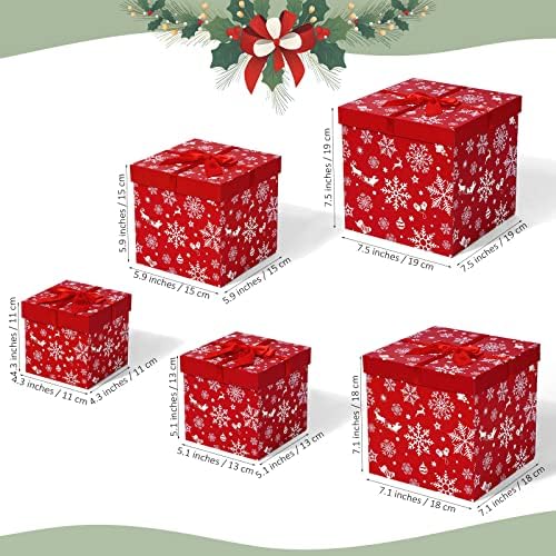 Anvavo 5 парчиња божиќни кутии за подароци за гнездење со капаци од снегулка и елки дизајни вгнездени тврди Божиќни кутии стабилни