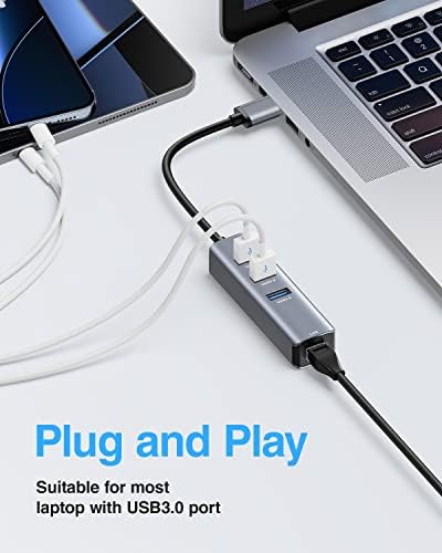 USB до адаптер за Ethernet, Cakitte RJ45 10/100/1000 Gigabit Ethernet мрежен адаптер со 3-порта USB 3.0, компатибилен за MacBook Pro/Air, HP/Dell/Surface