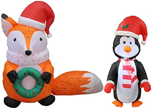 Два божиќни украси за украси, вклучуваат 5 стапала осветлена Божиќна надувување лисица со Божиќна капа и венец, и 4 нозе Божиќно надувување