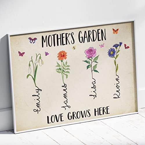 Персонализирани постери за градинарски мајки - Месец за раѓање на раѓање, цветно платно, wallиден уметност букет цвет, платно со име за сопругата