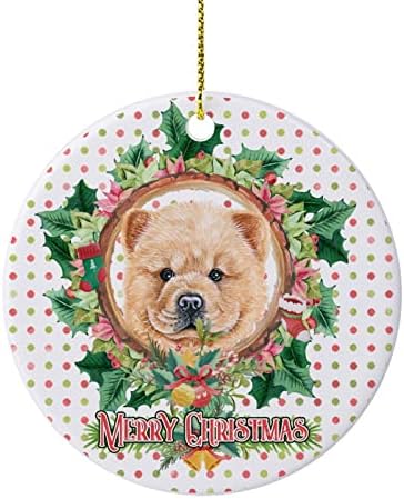Двострана печатена Божиќна венец и кучиња керамички Божиќен украс, Божиќен украс подароци за семејни пријатели деца, Божиќни приврзоци, знак за