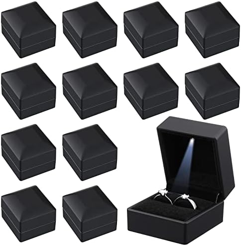 12 парчиња црна прстенест кутија со LED светло свадба обетка кутија за подароци плоштад во форма на елегантен кадифено приказ на