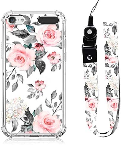 OOK дизајниран за iPod Touch 5 6 7 Case Rose Floral Design со лента за вратот лента за жени Девојки заштитни чисти про transparentирни браник кутија симпатична сива розова цвет за iPod touch 7/6/5