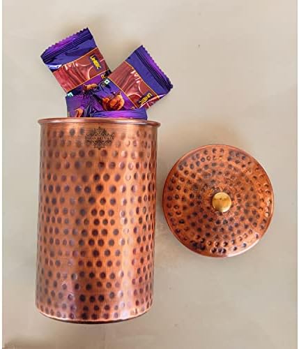 Индиска уметност вила чиста бакарна зачукувана сет од 4 кутии за складирање/контејнер со месинг копче на врвот, волумен-44 мл