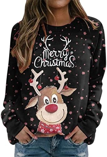 Божиќни врвови со долги ракави пулвер, Божиќна екипа, џемпер, женски каузални џемпери графички џемпер лабаво лабаво