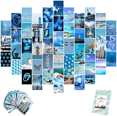 Комплет за колаж со сини wallидови Vfaejll Естетски слики 50 сет 4x6 инчи уметнички фотографии комплет за колаж за тинејџери и жени летни плажа wallидни отпечатоци комплет VSC