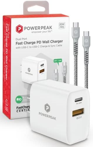 PowerPeak - Полнач за двојна порта USB C&A со плетенка со кабел од типот C до C, брз полнач, USB C - USB Адаптер за напојување за iPad Air