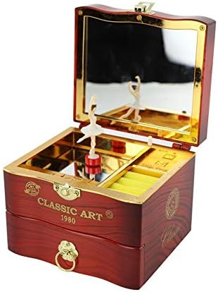 Дрвена ротирачка музичка кутија, балерина танцувајќи девојче кутија за складирање на накит, издржлив ретро занает врежана дрвена музичка кутија