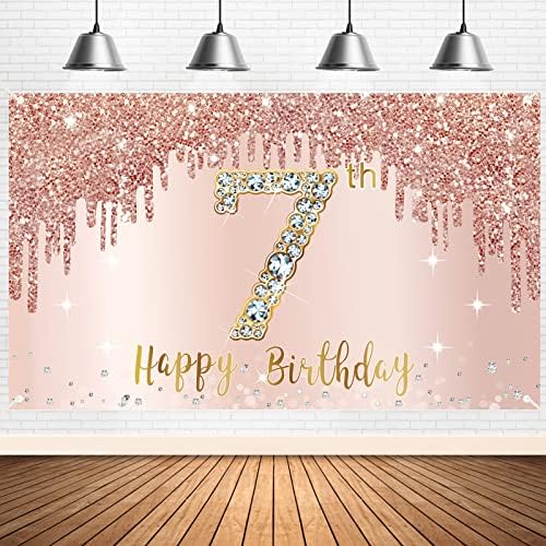 Среќен 7-Ми Роденден Банер Позадина Украси За Девојки, Розово Злато 7 Годишниот Роденден Знак Материјали, Розова Седмиот Роденден Постер