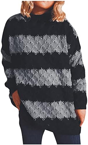 Muduh џемпери за жени зимски панел со средниот врат панел лента со долг ракав удобен лабав џемпер на пуловер
