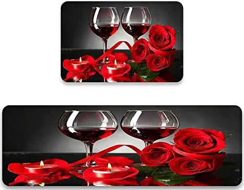 Кујнски душек сет од 2 црвено розово вино декоративно срце на црни кујнски килими и душеци кои не се лизгаат перничени кујнски душеци