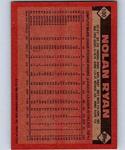 1986 Топпс 100 Нолан Рајан НМ-МТ Астрос Бејзбол