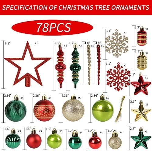 Орнаменти на новогодишна елка 78 пакувања украси за новогодишни елки црвено -зелено злато божиќна топка распрскувано висино дрво украси сет сортиран