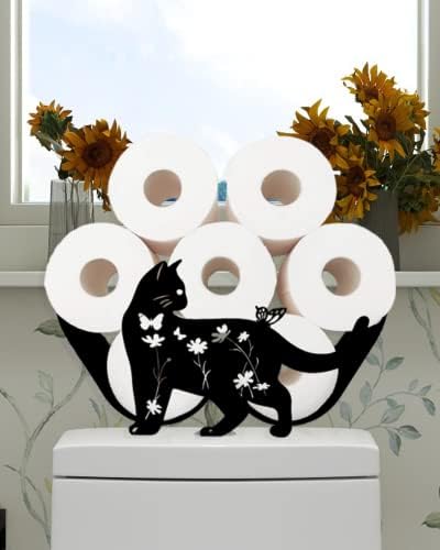 Стенд на држачот за хартија за мачки за мачки, декоративни држачи за црна метална хартија, складирање на тоалетна хартија за