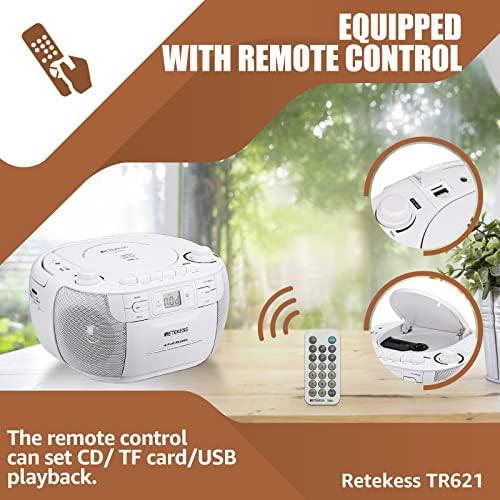 COMBO COMBO и CASSETTE COSTETE COMBOTE RETEKESS TR621, преносен Boombox AM FM Radio, MP3 плеер стерео звук со далечински управувач, USB, Micro SD, за семејство