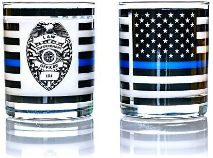 Гринлајн Стока Тенка Сина Линија Полицаец Виски Старомодни Очила - 10 мл - Класичен Прибор За Пиење Со Графика На Знамето За Спроведување На Законот-Покажува Поддршк