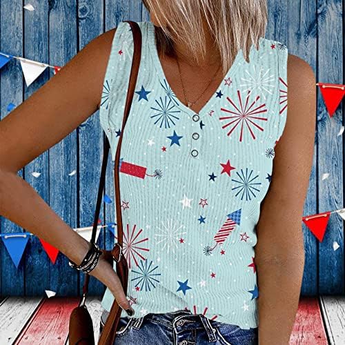 Qcemeni резервоарот за жени 4-ти јули starвездени ленти кошули V вратот без ракави во САД знаме маица тркачки бек-патриотски камиони маици