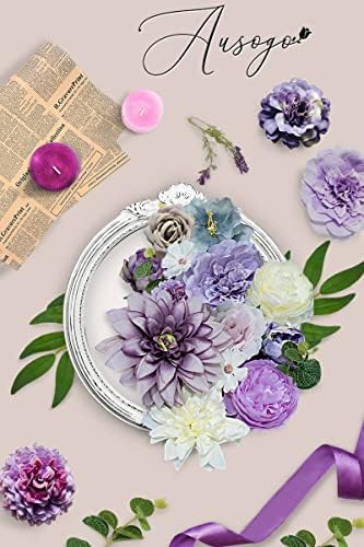 Аусого Виолетова Вештачко Цвеќе Роза Комбо 36 парчиња Свила Измешајте Маргаритка Лажни Цвеќиња со Стебло ЗА Сам Свадба Лак