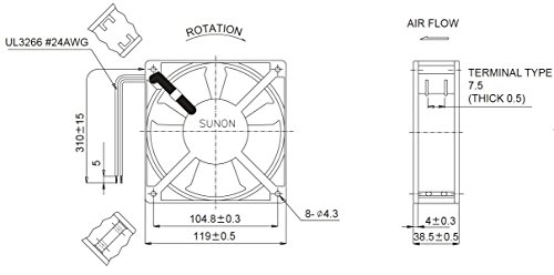 Sunon DP200A-2123XBT-R AC топка со вентилатор, 220 VAC, 117 CFM, терминали, UL/CSA/TUV, 120 mm L x 120 mm W x 38 mm H