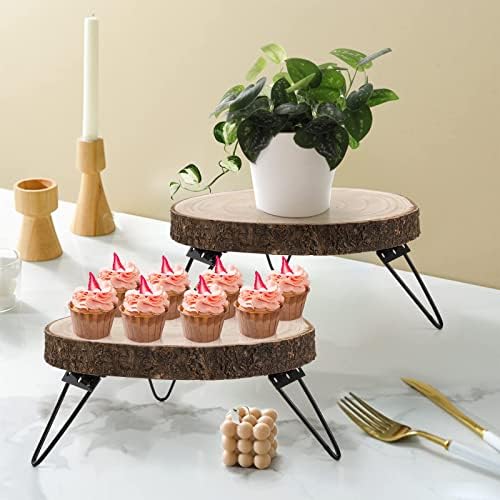 Deayou 2 пакувања 10 штанд со дрвена торта, дрвен пиедел на кекс, парчиња парчиња од дрво од палоулија со метална нога, рустикален држач за свадбени торта за прикажување,