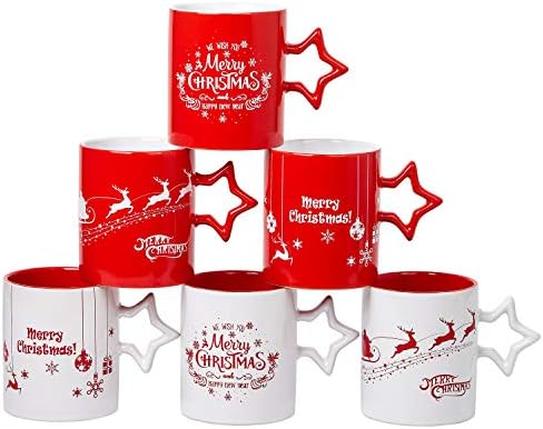 Bruntmor црвено -бело Божиќно кафе за кафе со сет на рачки на starвезди од 6 | Божиќни чаши со голема големина 14 унца Нова Година