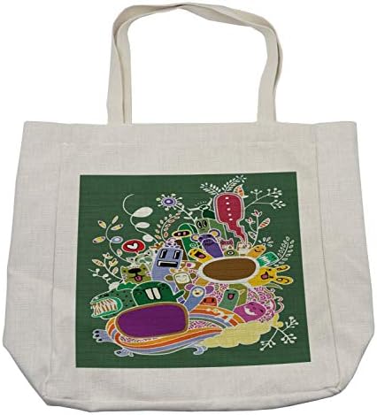 Торба за купување на цртани филмови Амбесон, рачно нацртани чудовишта од виножито со цвеќиња од виножито и образец на животни, еко-пријателска
