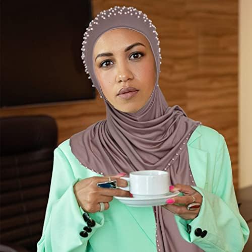 Woeoe Women Women Rhinestone Pearl Muslim Gead Wrap Train Crystal Crystal Muslims Hijab Cap Лесна категорија со едно парче шал за глава