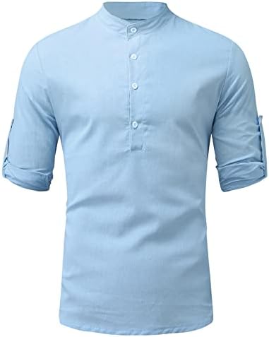 Озммјан долги ракави маички за маички за мажи памучна постелнина пулвер случајна стенд-ап јака цврста плажа маица маица туники