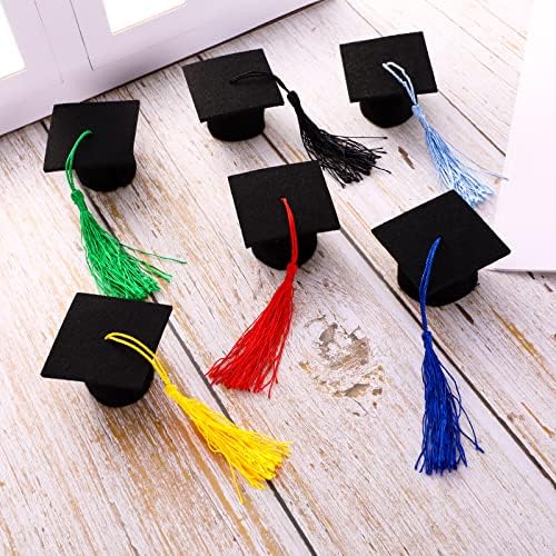 24 парчиња мини дипломирање капа за дипломирање капа за матура мала црна градежна капа со шарени ресни за дипломирање шише со шишиња