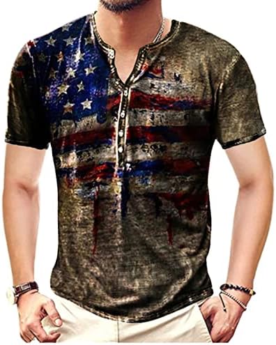 Wenkomg1 Mens Henley кошула, измиена starвезда на знамето на САД и ленти ретро стил улична облека кратка ракав патриотска потресена мета